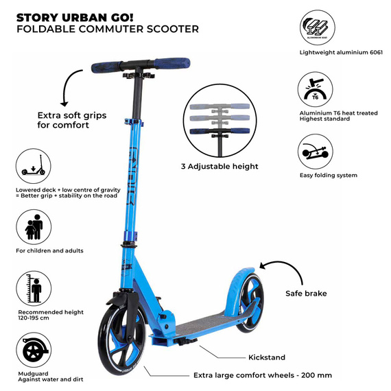 Scuter de transport cu roți mari Story Urban GO! Albastru închis