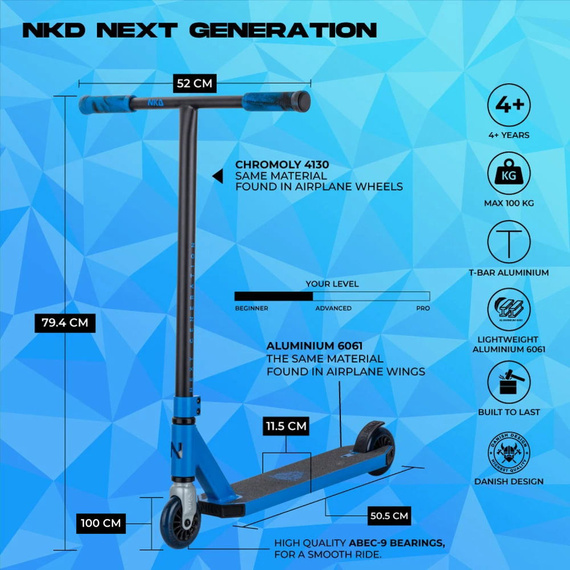 NKD Next Generation Raw Blue wys Scuter ușor de performanță din aluminiu pentru tineri piloți. 79,4 cm