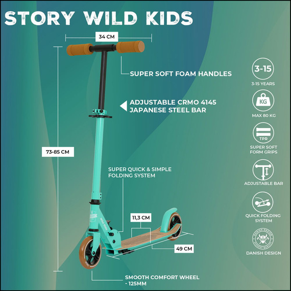 Scuter de transport urban pentru copii și adolescenți Story Wild Kids Mint wys. 73-85 cm