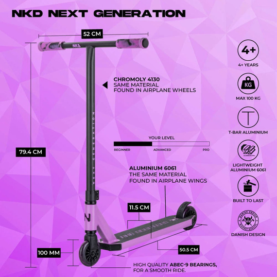 NKD Următoarea generație de trotinete de performanță din aluminiu ușor și violet pentru călăreți tineri. 79,4 cm