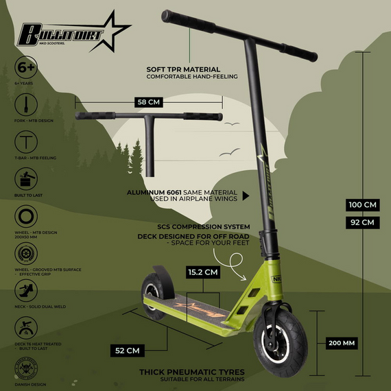 NKD Bullit Dirt Scooter Army Green 92 cm off-road performanță scuter