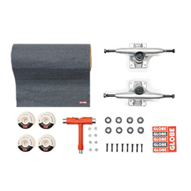 GLOBE Everything But The Deck Kit Raw Finish: Slant 5.5" Trucks, Globe G1 53 mm Wheels, ABEC-7 Bearings, Griptape, Mounting Pads, Skate Tool