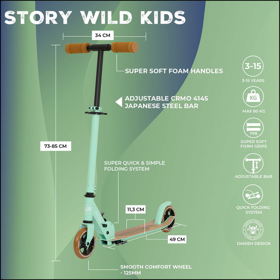 Scuter de transport urban pentru copii și adolescenți Story Wild Kids Green wys. 73-85 cm