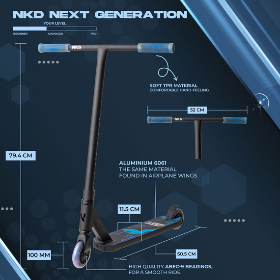NKD Next Generation negru / albastru de înaltă performanță din aluminiu scuter ușor pentru călăreți tineri. 79,4 cm
