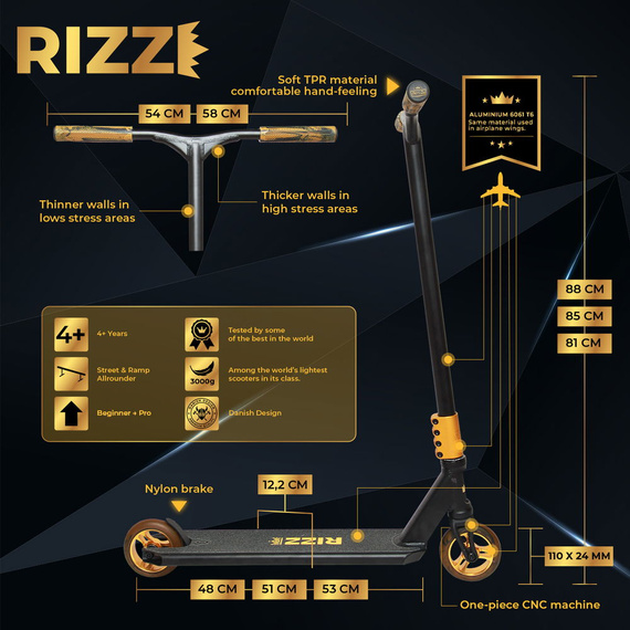 NKD RIZZ Stunt Scooter negru și auriu 88 cm
