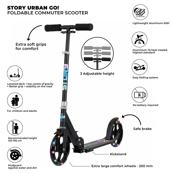 Scuter de transport cu roți mari Story Urban GO! LED negru