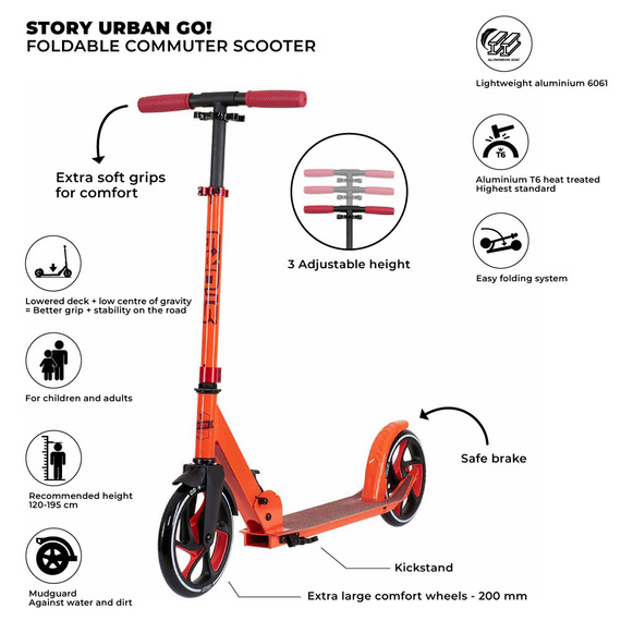 Scuter de transport cu roți mari Story Urban GO! Portocaliu