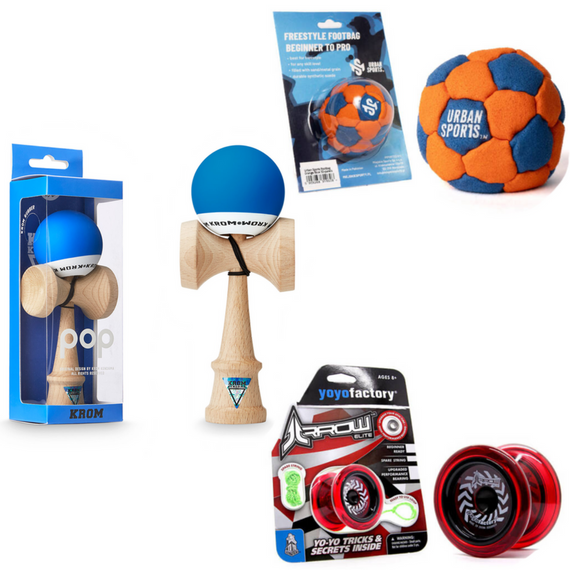 Skill Toy Supreme set: Kendama Krom Pop, YoyoFactory Arrow, Footbag, Frisbee, Fingerboard, Finger BMX