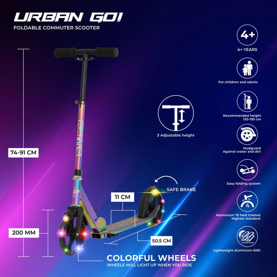 Scuter de transport cu roți mari Story Urban GO! Neochrome LED