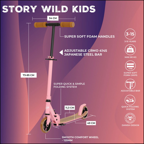 Scuter de transport urban pentru copii și adolescenți Story Wild Kids Pink wys. 73-85 cm
