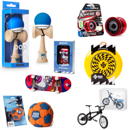 Skill Toy Supreme set: Kendama Krom Pop, YoyoFactory Arrow, Footbag, Frisbee, Fingerboard, Finger BMX