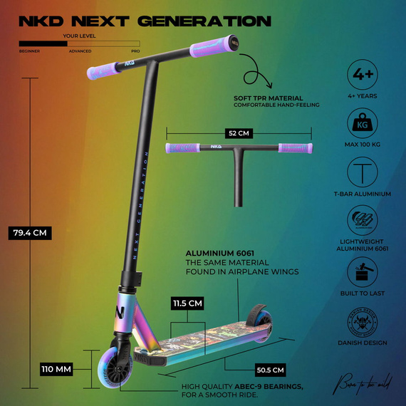 NKD Next Generation Neo wys Scuter de performanță din aluminiu ușor pentru tinerii piloți. 79,4 cm