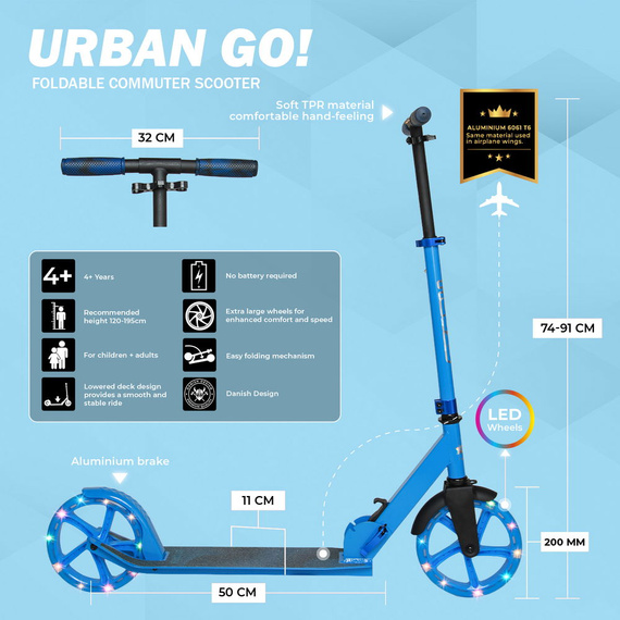 Scuter de transport cu roți mari Story Urban GO! LED albastru