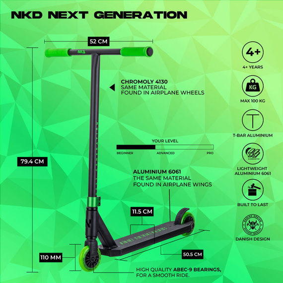 NKD Următoarea generație verde-negru de înaltă performanță din aluminiu scuter ușor pentru călăreți tineri. 79,4 cm