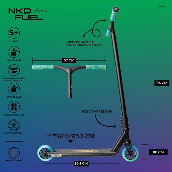 Scuter de performanță NKD Fuel V2 verde / albastru wys. 84 cm