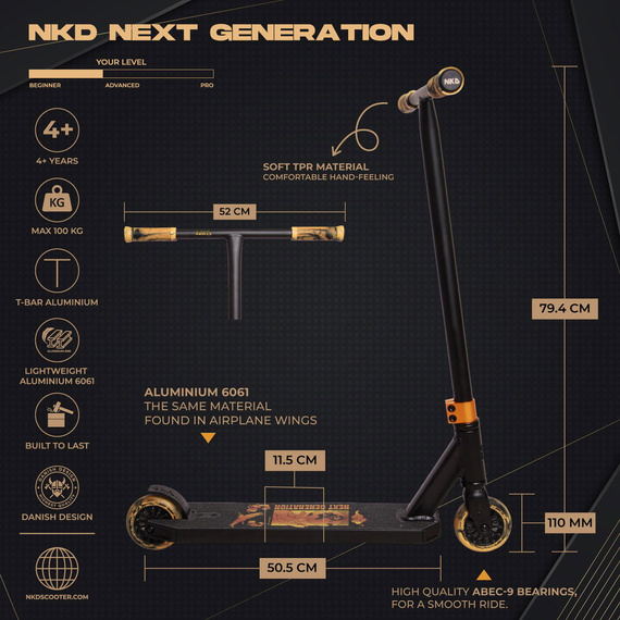 NKD Next Generation Black-Gold Aluminiu de înaltă performanță scuter ușor pentru tineri piloți. 79,4 cm
