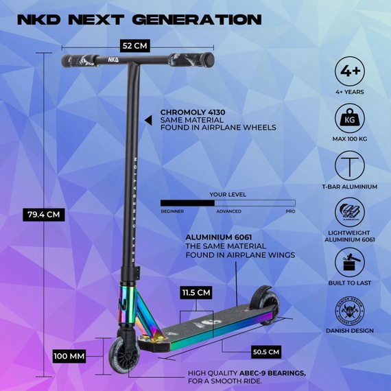 Stunt scuter ușor din aluminiu pentru călăreți tineri NKD Next Generation Rainbow Stunt wys. 79,4 cm