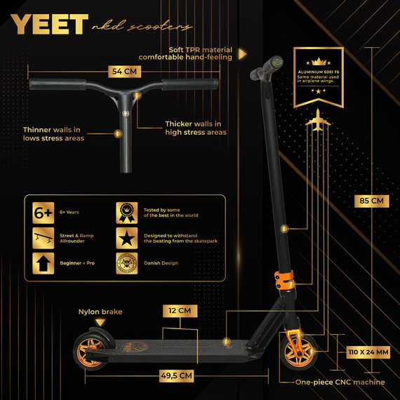 NKD YEET Stunt Scooter negru și auriu wys. 85 cm