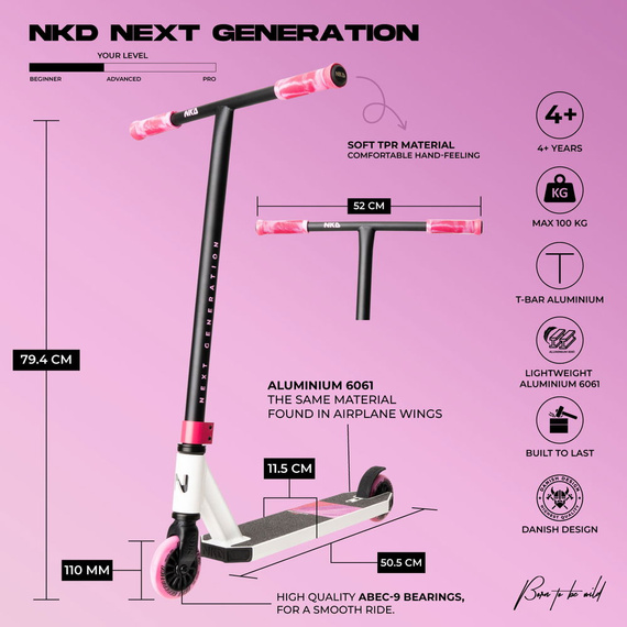 NKD Next Generation Scutere ușoare din aluminiu pentru tineri rideri Alb-roz wys. 79,4 cm
