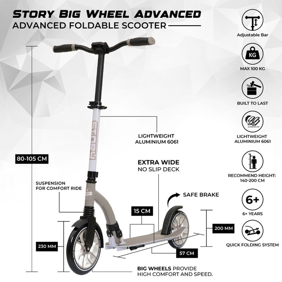 Transport urban Scooter Story Big Wheel Advanced Foldable Scooter Gri / maro 230/200 mm