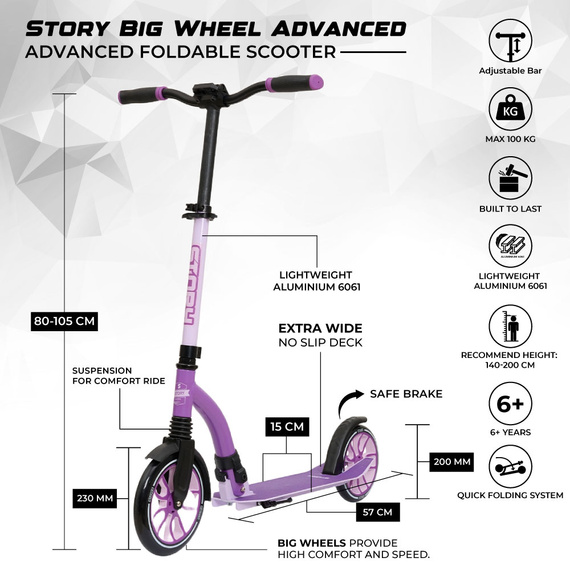 Transport urban Scooter Story Big Wheel Advanced Foldable Scooter Purple 230/200 mm
