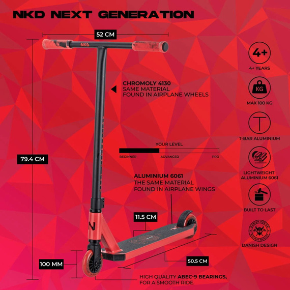 NKD Next Generation Roșu-Negru Aluminiu de înaltă performanță Scuter ușor pentru călăreți tineri. 79,4 cm