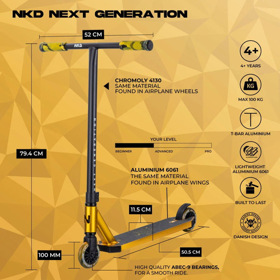 Stunt Aluminiu Scuter ușor pentru tineri rideri NKD Next Generation Stunt Gold wys. 79,4 cm