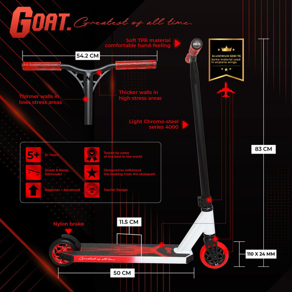 NKD GOAT Stunt scuter alb și roșu wys. 83 cm