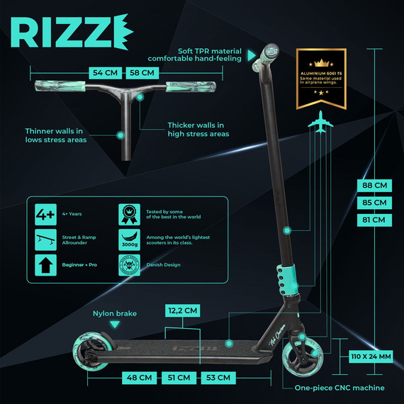 NKD RIZZ Stunt Scooter Mint și negru 85 cm