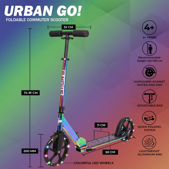 Scuter de transport cu roți mari Story Urban GO! LED Neochrome strălucitor