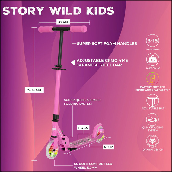 Scuter de transport urban pentru copii și adolescenți Story Wild Kids Pink LED wys. 73-85 cm