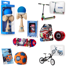 Skill Toy Supreme set: Kendama Krom Pop, Yoyo YoyoFactory Arrow, Footbag, Fingerboard, Finger Scoot, Finger BMX