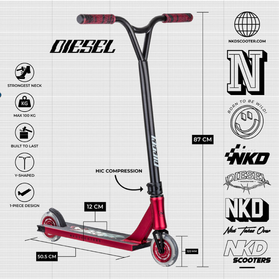 NKD Diesel Stunt Scooter roșu/negru 87 cm