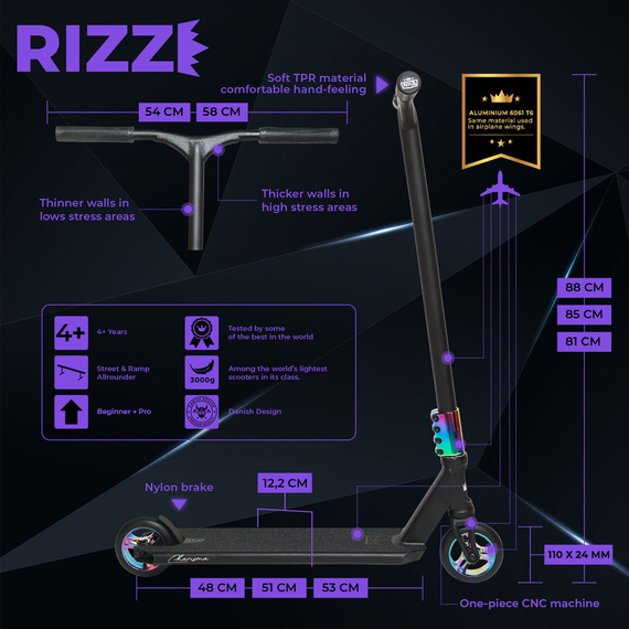 NKD RIZZ Stunt Scooter negru și curcubeu 81 cm