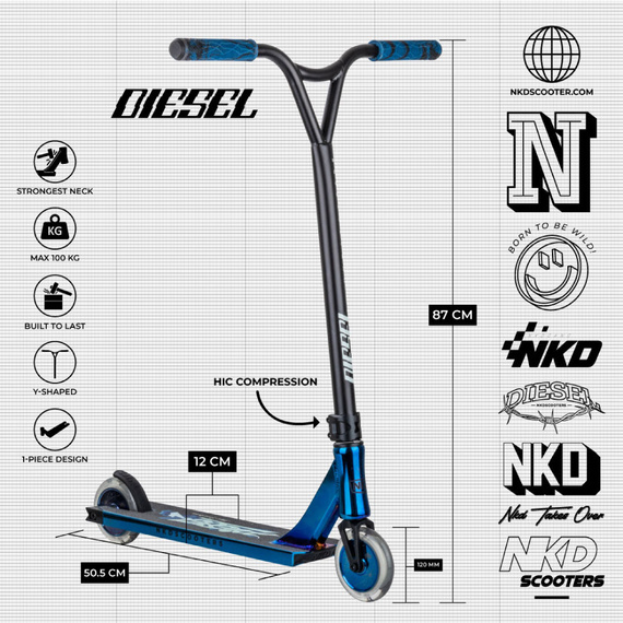 NKD Diesel Stunt Scooter negru și albastru 87 cm