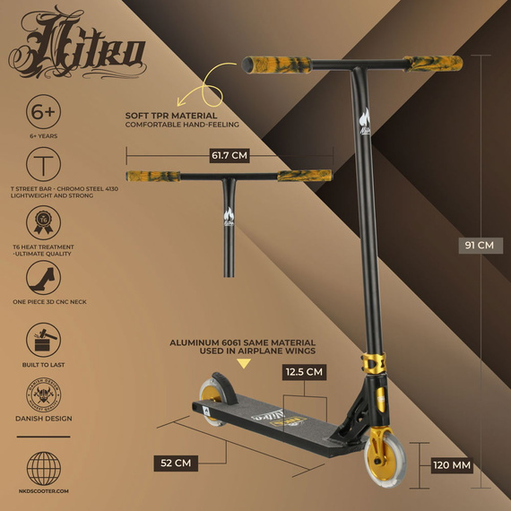 Scooter de înaltă performanță din aluminiu ușor mare de înaltă calitate 91 cm Platformă largă și ghidon NKD Nitro Street Black Gold