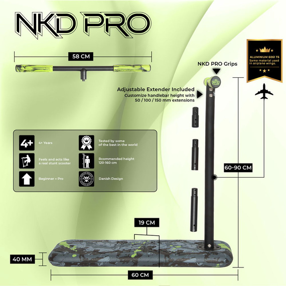 NKD PRO 7.5" Trambulină Scooter Negru și verde lime înălțime 60-90 cm