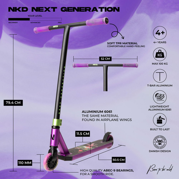NKD Next Generation Scuter negru și violet din aluminiu de înaltă performanță Ușor pentru tinerii piloți. 79,4 cm